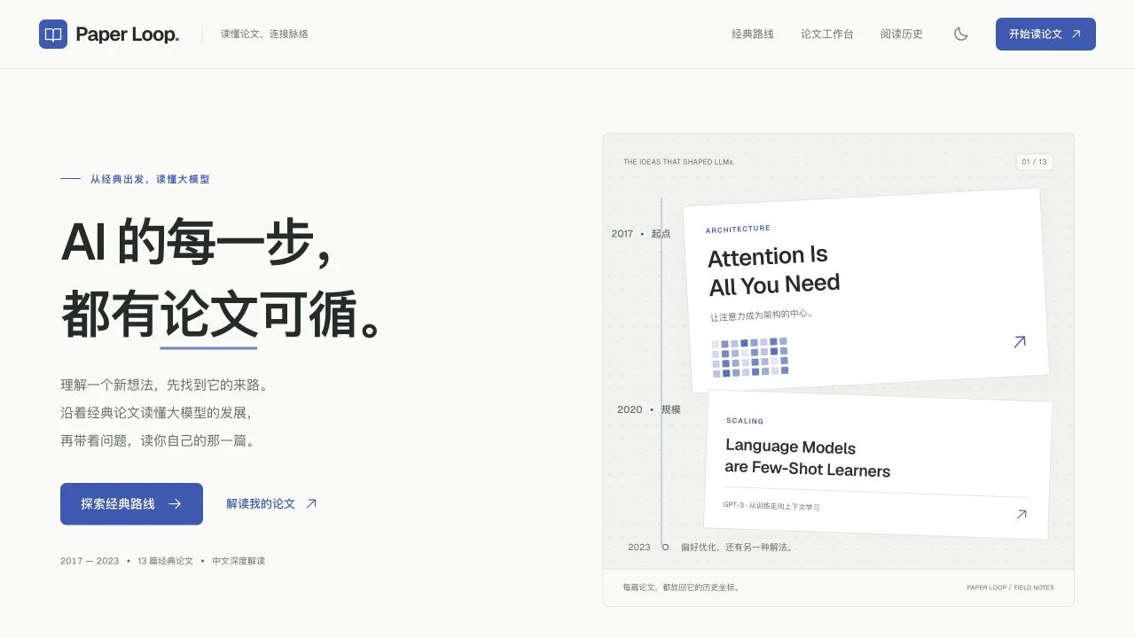 Paper Loop 公开首页,展示经典论文学习路线和论文工作台入口